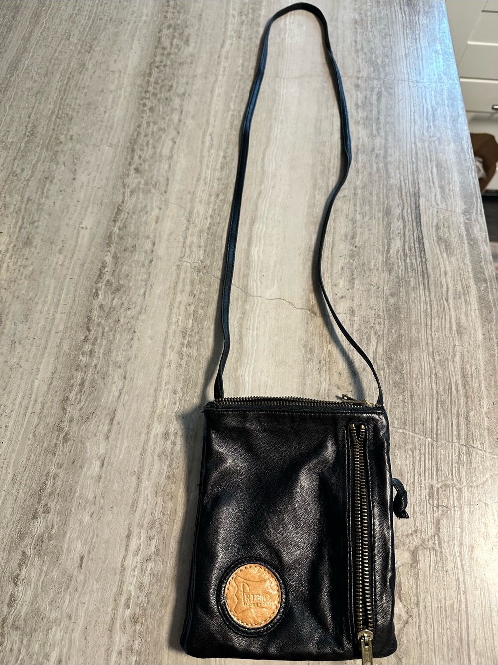 Prieto Barcelona Black Leather Crossbody with Tan Logo Patch